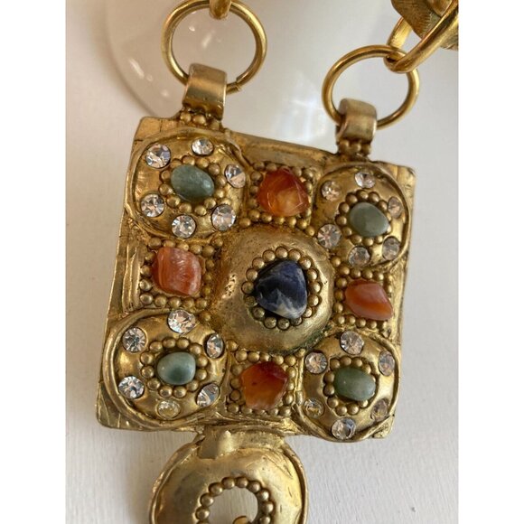 Vintage CLAIRE DEVE Gold Metal Double Chain Etruscan Statement Runway Necklace - Picture 6 of 16